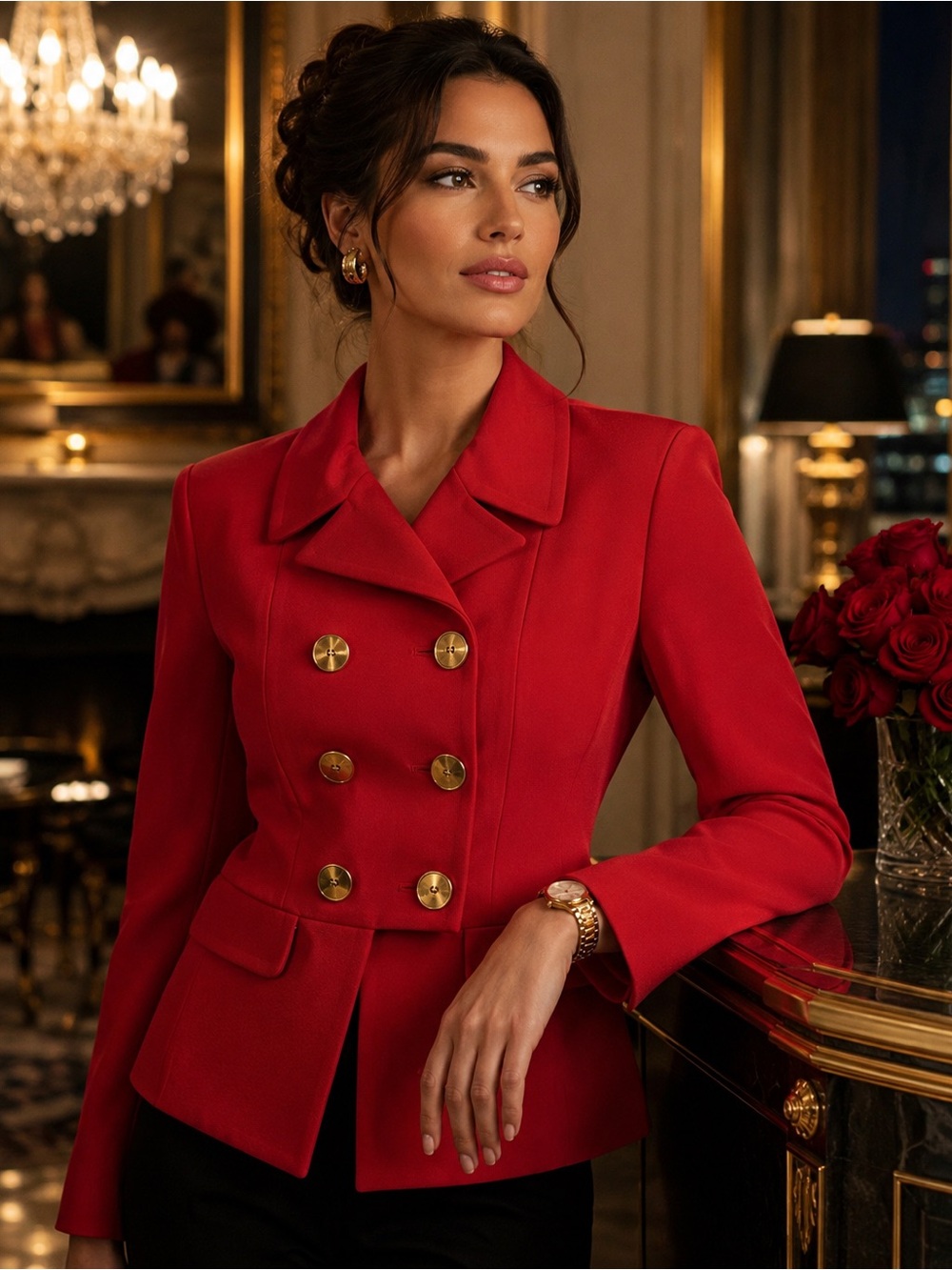 Ellen Tracy Red Double-Breasted Virgin Wool Peplum Blazer with Gold Buttons